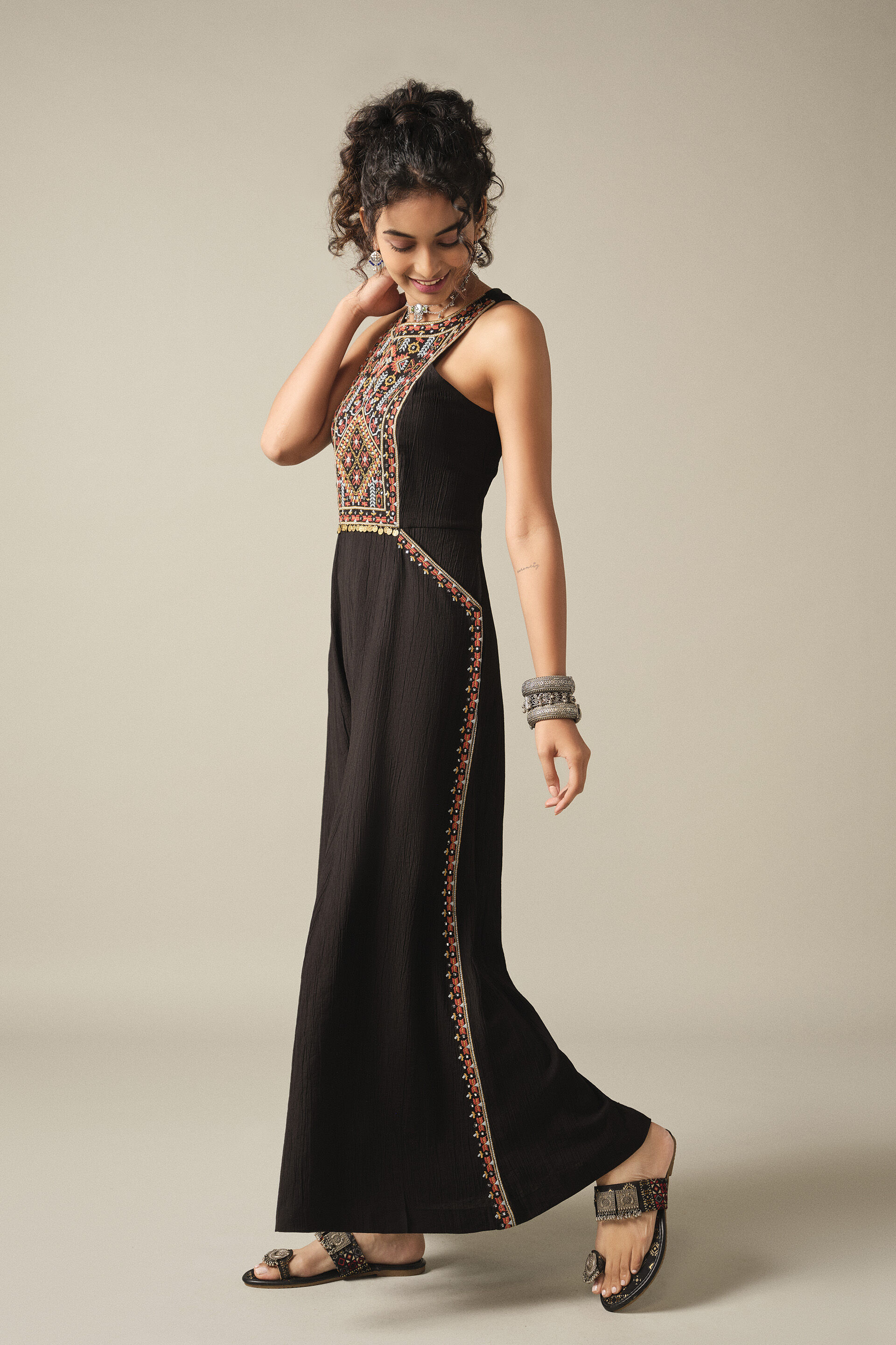 Embroidered Coin Jumpsuit in Black, Black, image 5